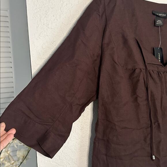 NEW Lane Bryant Chocolate Brown Linen Top 14/16 Fall V Neck Tie 3/4 Sleeve - Picture 2 of 9